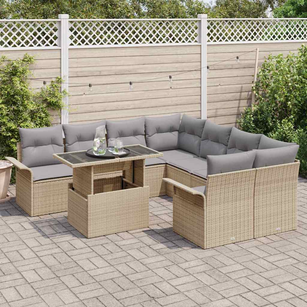 Havesofa Sæt med pude med opbevaring 9 pcs Beige Poly Rattan
