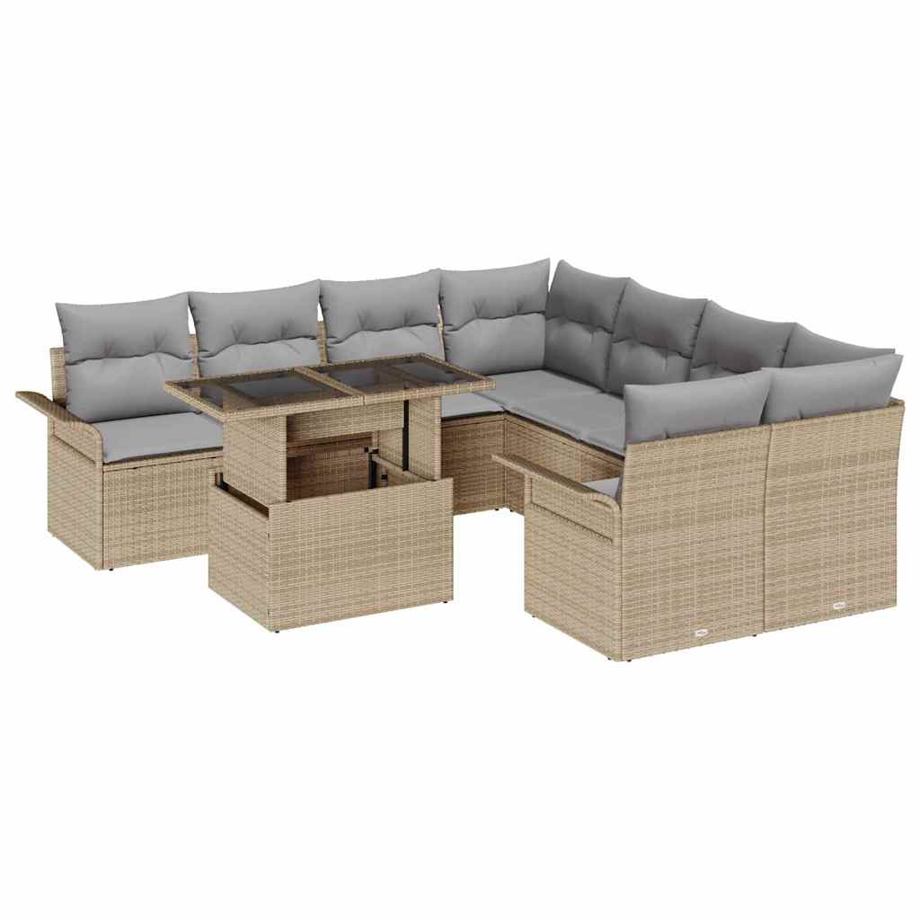 Havesofa Sæt med pude med opbevaring 9 pcs Beige Poly Rattan