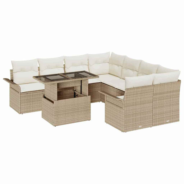 Havesofa Sæt med pude med opbevaring 9 pcs Beige Poly Rattan