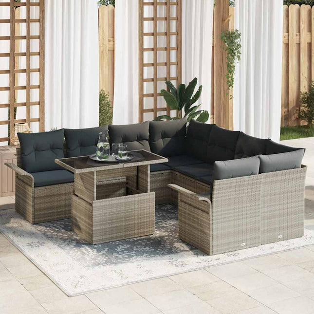 Havesofa Sæt med pude med opbevaring 9 pcs Lysegrå Poly Rattan