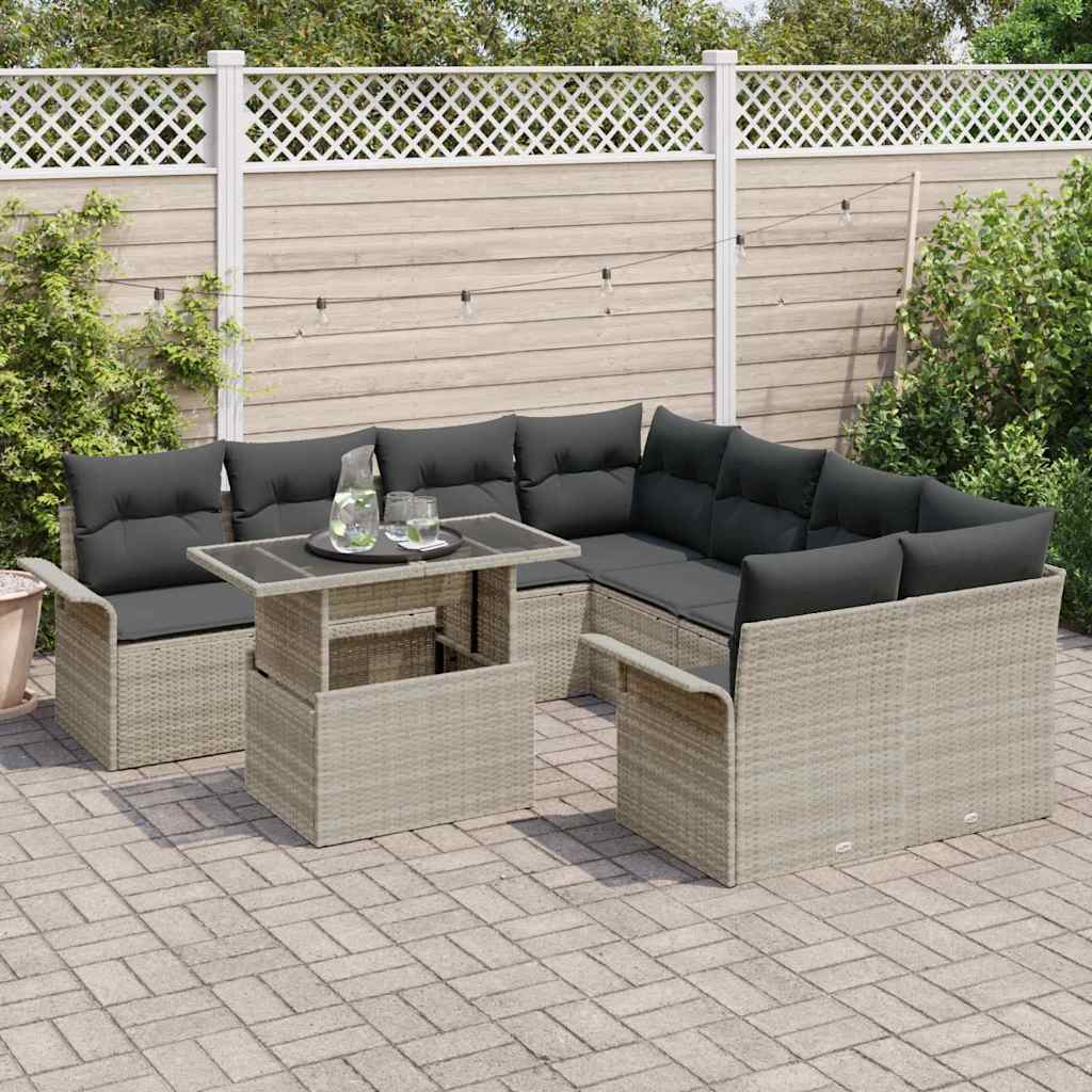Havesofa Sæt med pude med opbevaring 9 pcs Lysegrå Poly Rattan