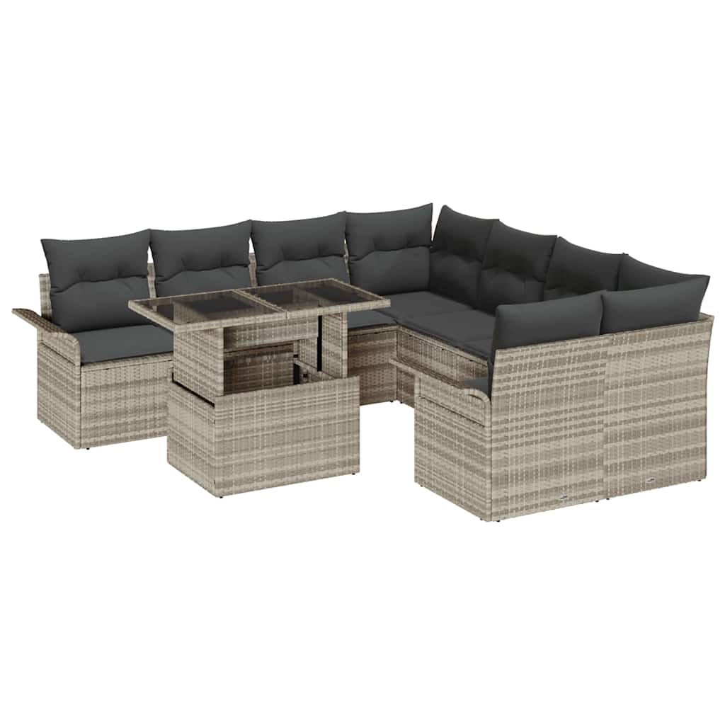 Havesofa Sæt med pude med opbevaring 9 pcs Lysegrå Poly Rattan