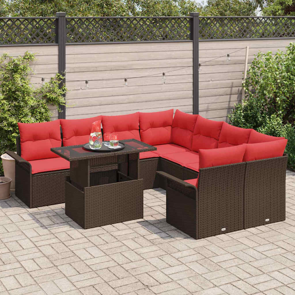 Havesofa Sæt med pude med opbevaring 9 pcs Brun Poly Rattan