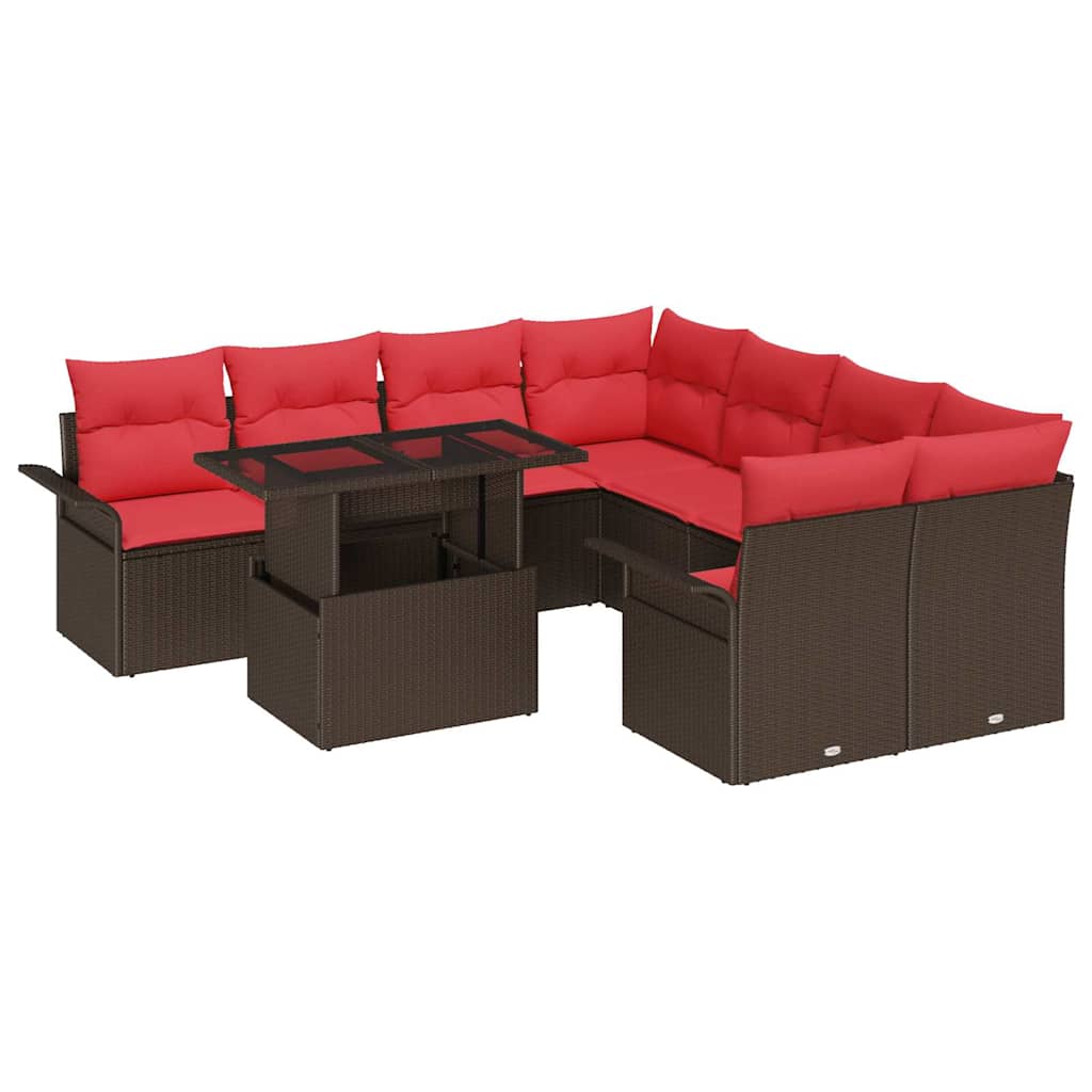 Havesofa Sæt med pude med opbevaring 9 pcs Brun Poly Rattan