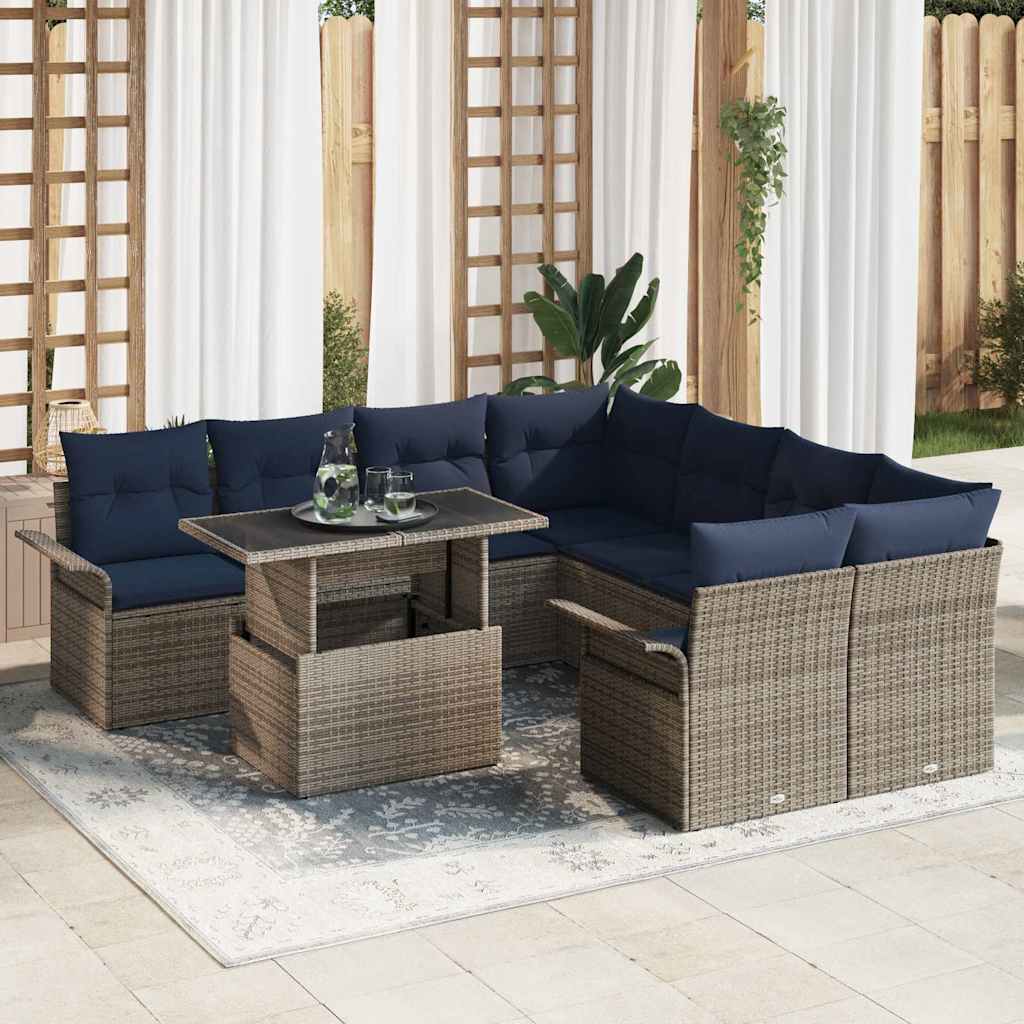 Havesofa Sæt med pude med opbevaring 9 pcs Grå Poly Rattan