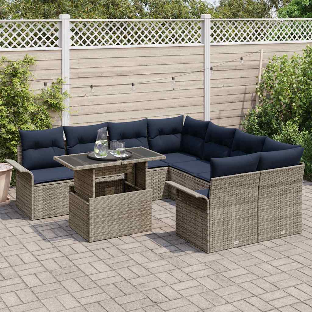 Havesofa Sæt med pude med opbevaring 9 pcs Grå Poly Rattan
