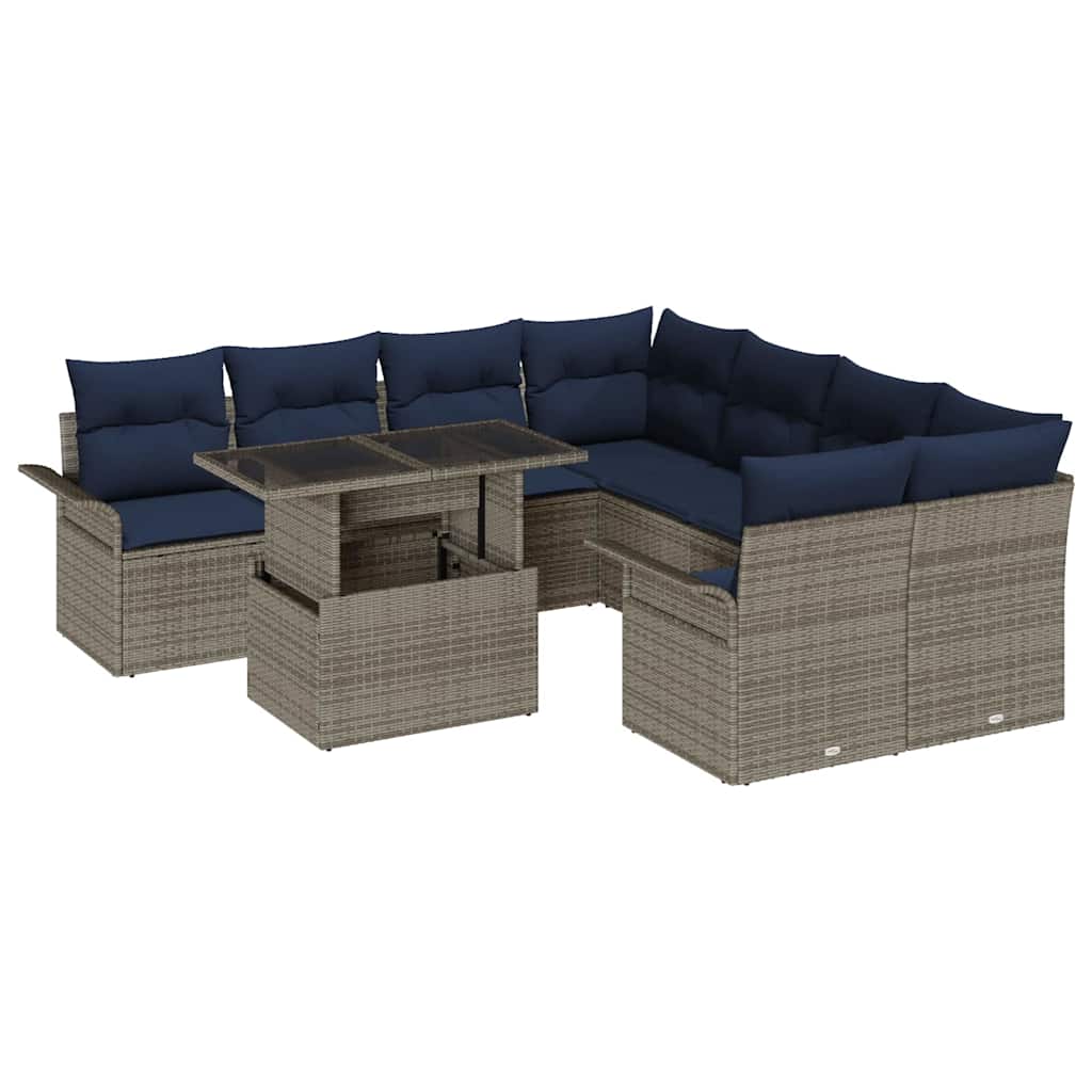 Havesofa Sæt med pude med opbevaring 9 pcs Grå Poly Rattan