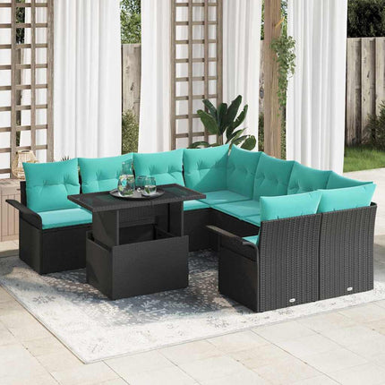 Havesofa Sæt med pude med opbevaring 9 pcs Sort Poly Rattan