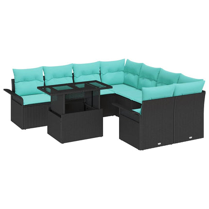 Havesofa Sæt med pude med opbevaring 9 pcs Sort Poly Rattan
