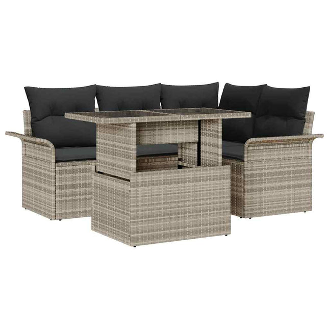 Havesofa Sæt med pude med opbevaring 5 pcs Lysegrå Poly rattan