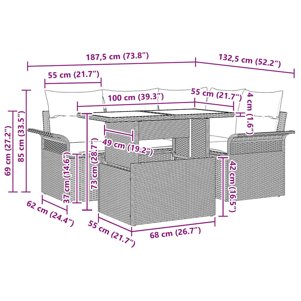 Havesofa Sæt med pude med opbevaring 5 pcs Sort Poly Rattan