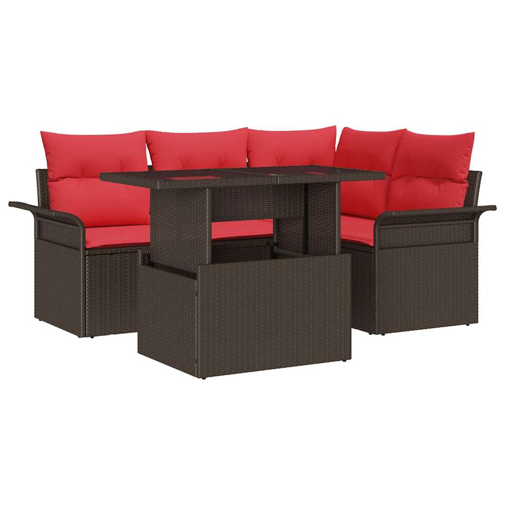 Havesofa Sæt med pude med opbevaring 5 pcs Brun Poly Rattan