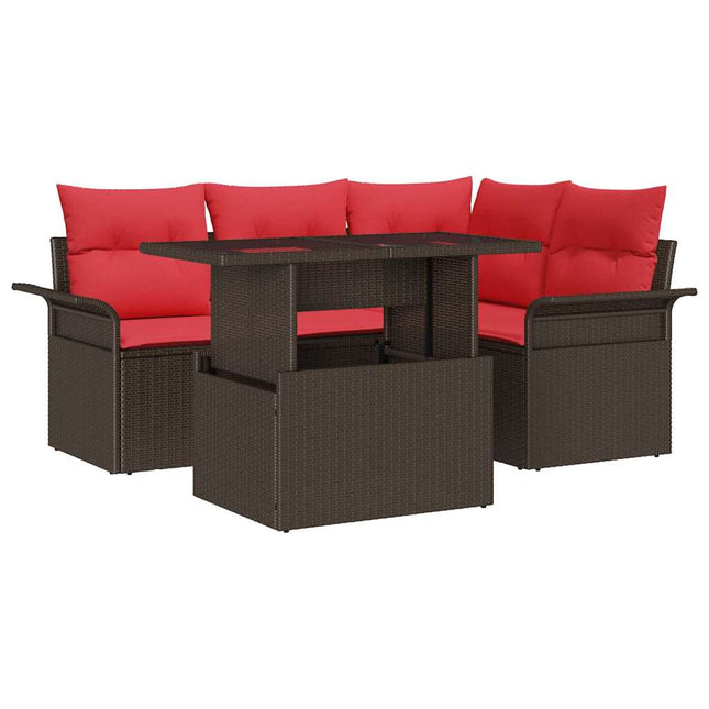 Havesofa Sæt med pude med opbevaring 5 pcs Brun Poly Rattan