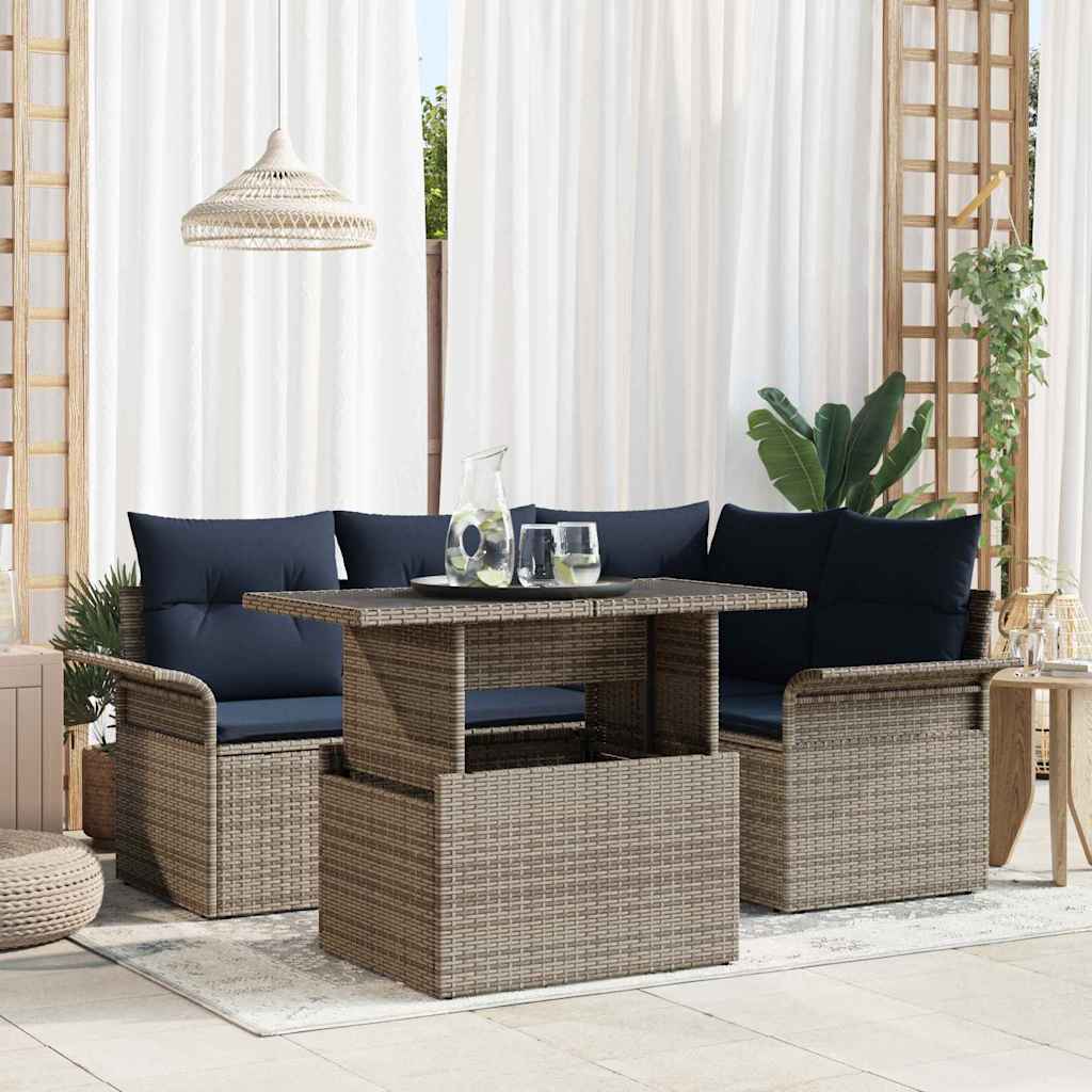 Havesofa Sæt med pude med opbevaring 5 pcs Grå Poly Rattan