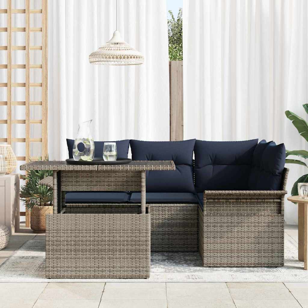 Havesofa Sæt med pude med opbevaring 5 pcs Grå Poly Rattan