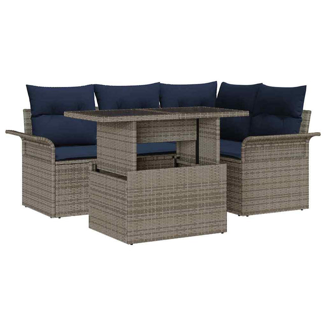 Havesofa Sæt med pude med opbevaring 5 pcs Grå Poly Rattan