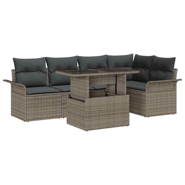 Havesofa Sæt med pude med opbevaring 6 pcs Grå Poly Rattan