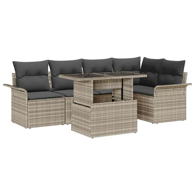 Havesofa Sæt med pude med opbevaring 6 pcs Lysegrå Poly rattan