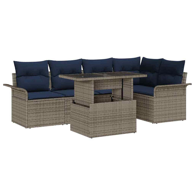 Havesofa Sæt med pude med opbevaring 6 pcs Grå Poly Rattan