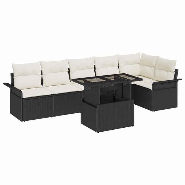 Havesofa Sæt med pude med opbevaring 7 pcs Sort Poly rattan