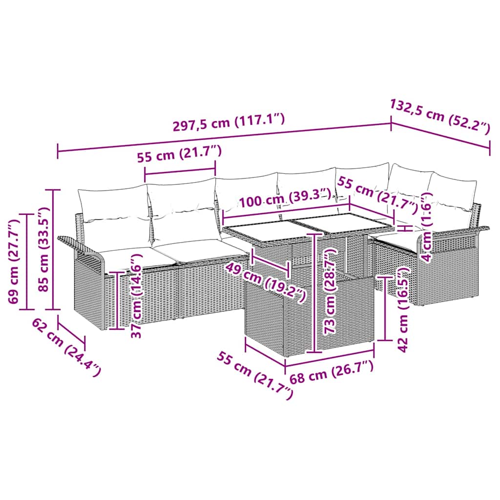 Havesofa Sæt med pude med opbevaring 7 pcs Sort Poly rattan