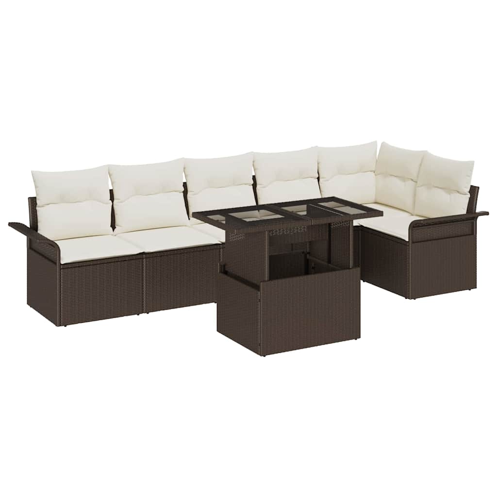 Havesofa Sæt med pude med opbevaring 7 pcs Brun Poly rattan