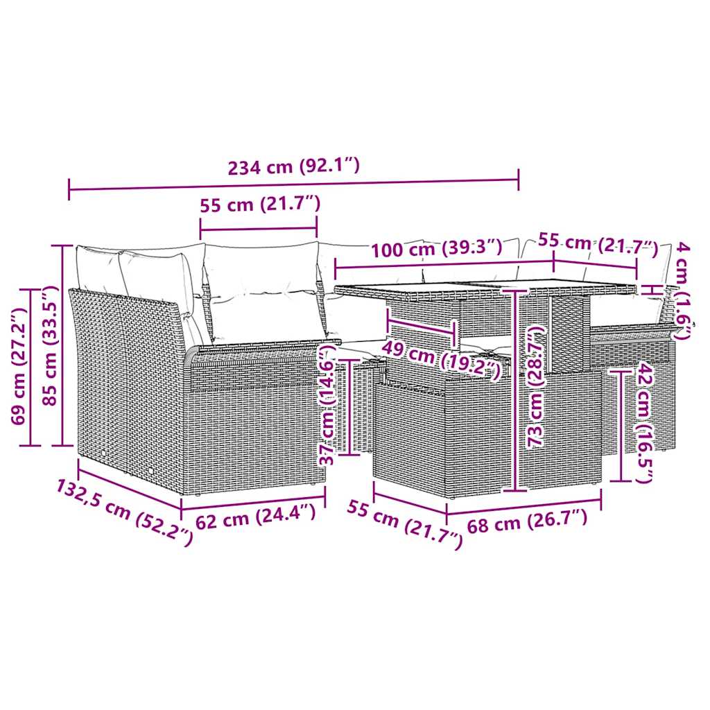 Havesofa Sæt med pude med opbevaring 7 pcs Brun Poly rattan
