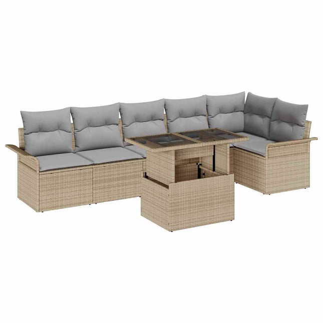 Havesofa Sæt med pude med opbevaring 7 pcs Beige Poly rattan