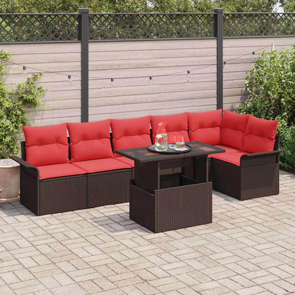 Havesofa Sæt med pude med opbevaring 7 pcs Brun Poly rattan
