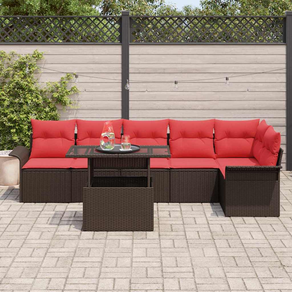 Havesofa Sæt med pude med opbevaring 7 pcs Brun Poly rattan