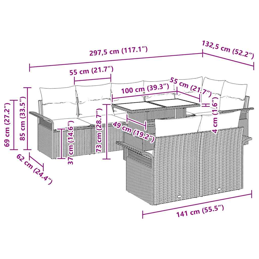 Havesofa Sæt med pude med opbevaring 9 pcs Brun Poly rattan