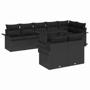 Havesofa Sæt med pude med opbevaring 9 pcs Sort Poly rattan