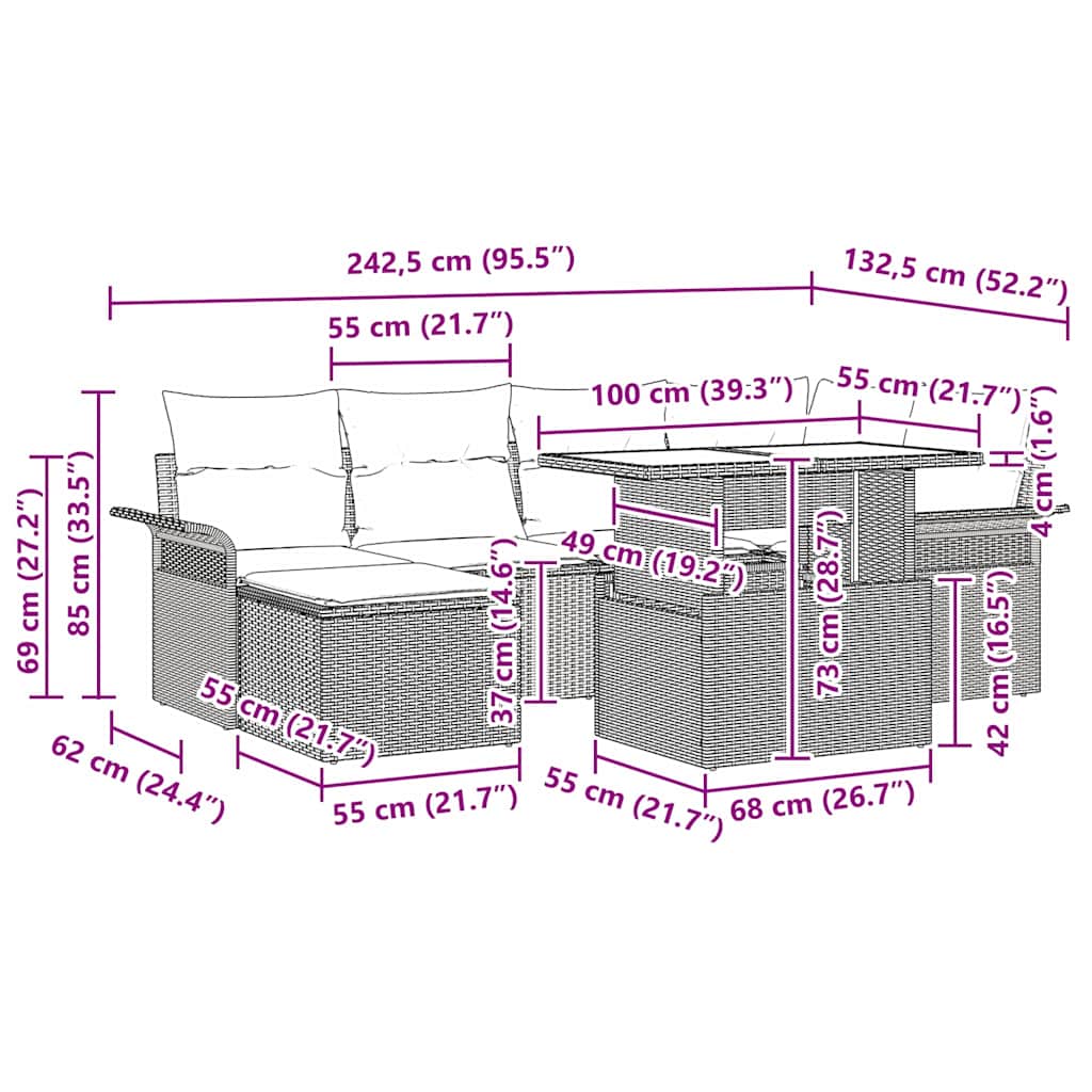 Havesofa Sæt med pude med opbevaring 7 pcs Grå Poly rattan