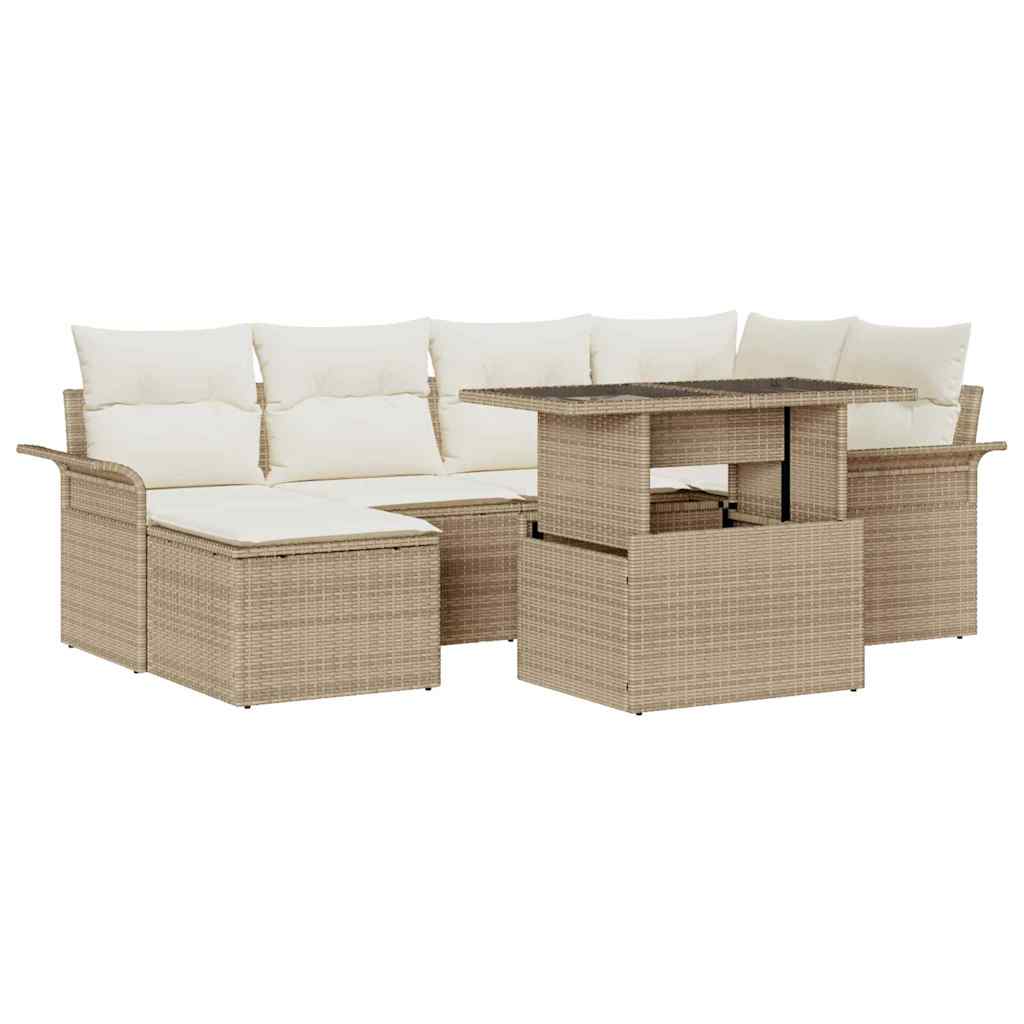Havesofa Sæt med pude med opbevaring 7 pcs Beige Poly rattan