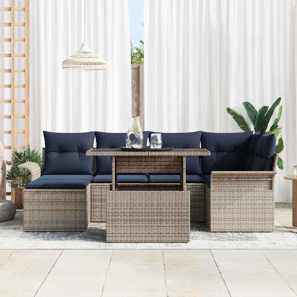 Havesofa Sæt med pude med opbevaring 7 pcs Grå Poly Rattan
