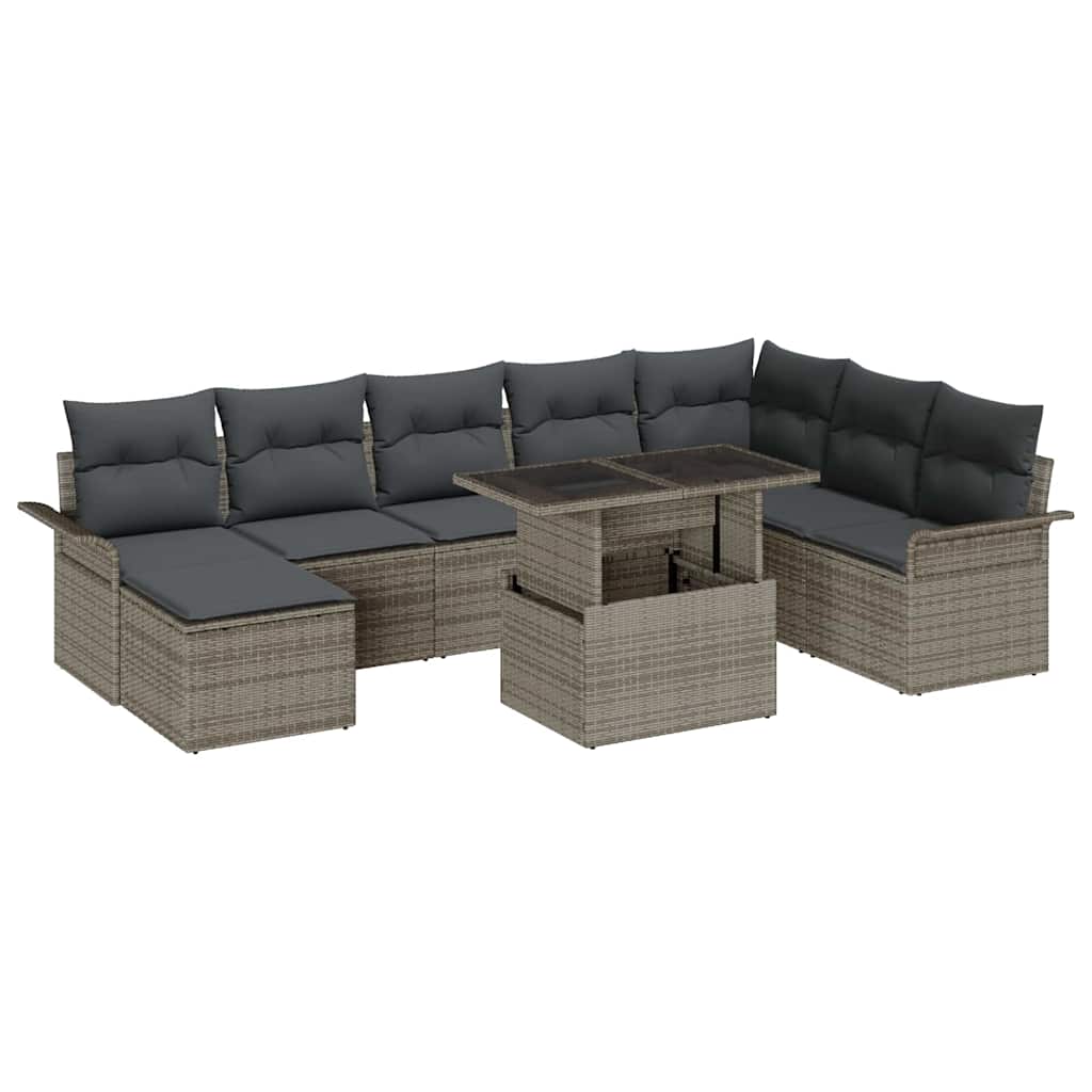 Havesofa Sæt 9 pcs Grå Poly Rattan og pulverlakeret stål