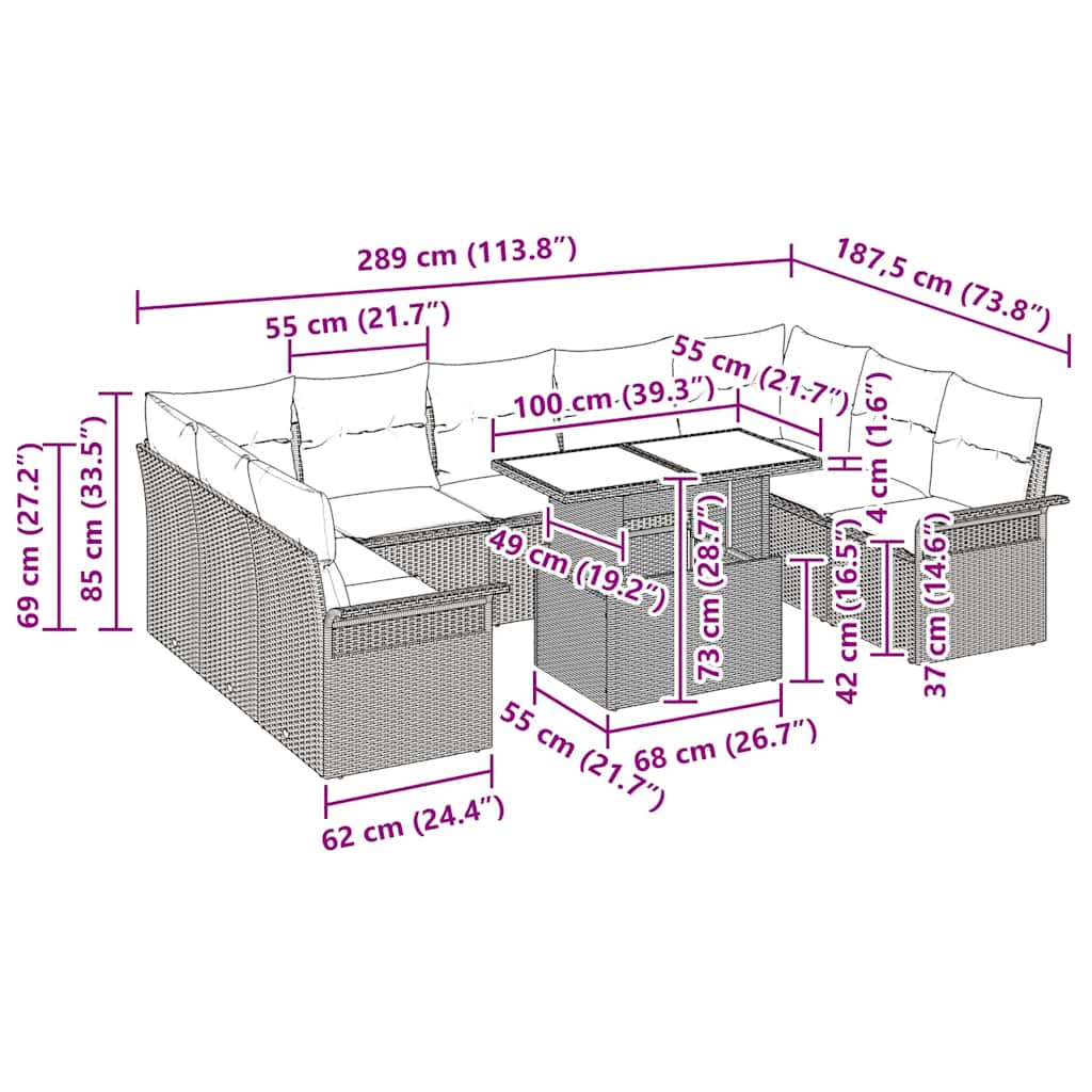 Havesofa Sæt med pude med pude 10 pcs Beige Poly Rattan