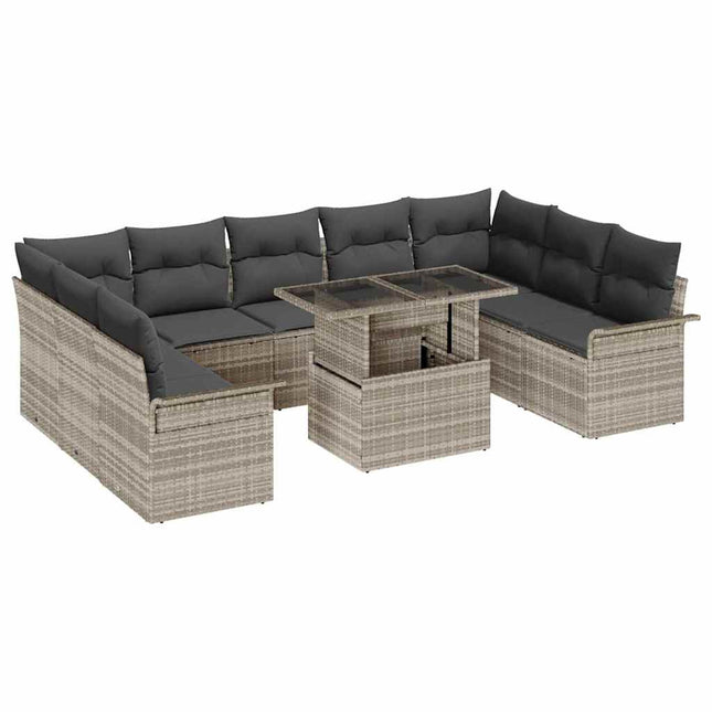 Havesofa Sæt med pude med pude 10 pcs Lysegrå Poly Rattan