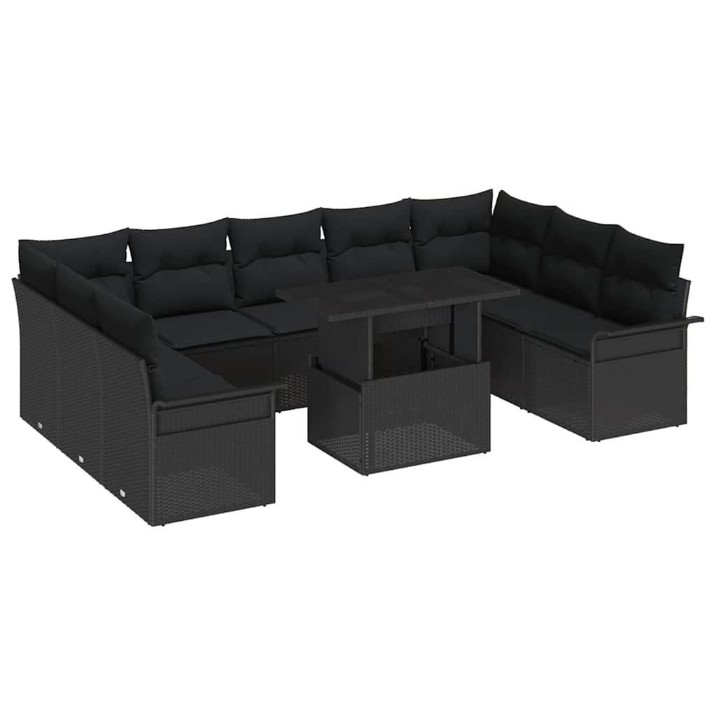 Havesofa Sæt med pude med pude 10 pcs Sort Poly Rattan