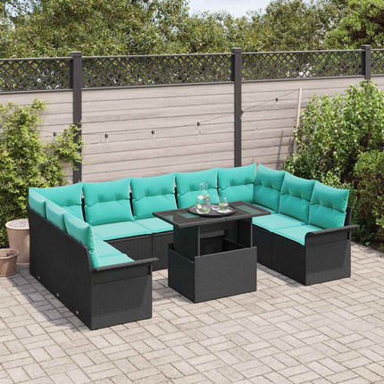 Havesofa Sæt med pude med pude 10 pcs Sort Poly Rattan
