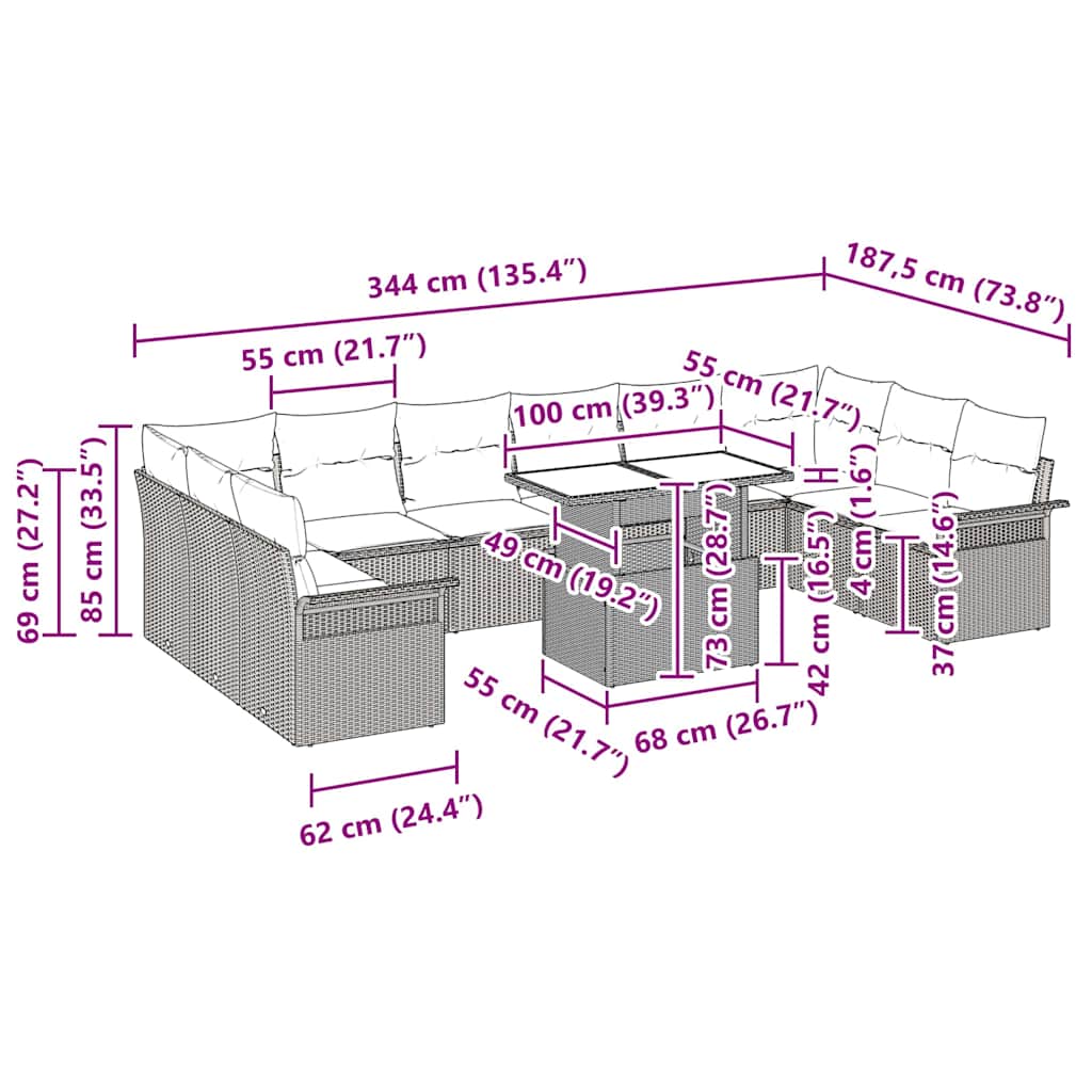 Havesofa Sæt med pude med pude 11 pcs Beige Poly Rattan