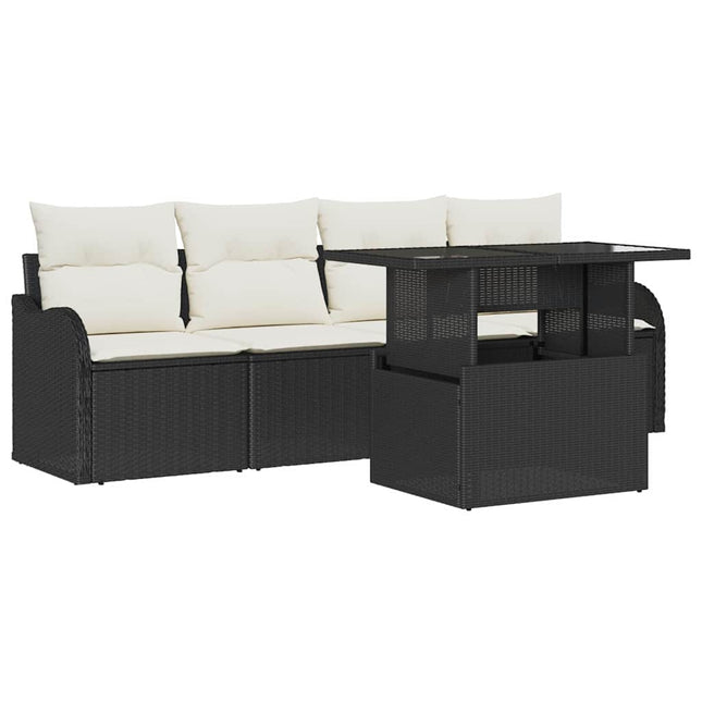 Havesofa Sæt med pude med opbevaring 5 pcs Sort Poly Rattan