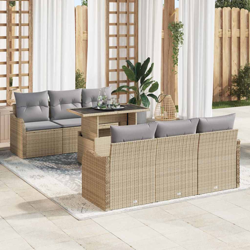 Havesofa Sæt med pude med opbevaring 7 pcs Beige Poly rattan
