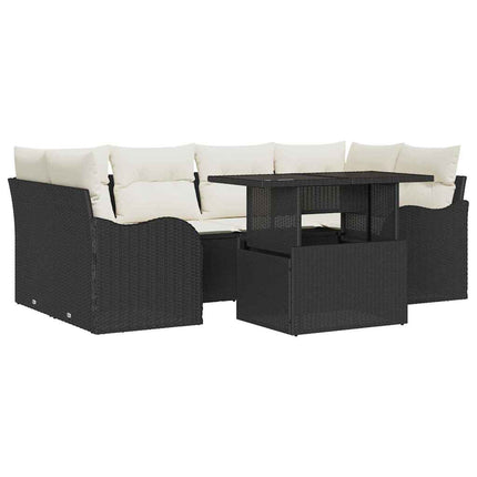 Havesofa Sæt med pude med opbevaring 7 pcs Sort Poly Rattan