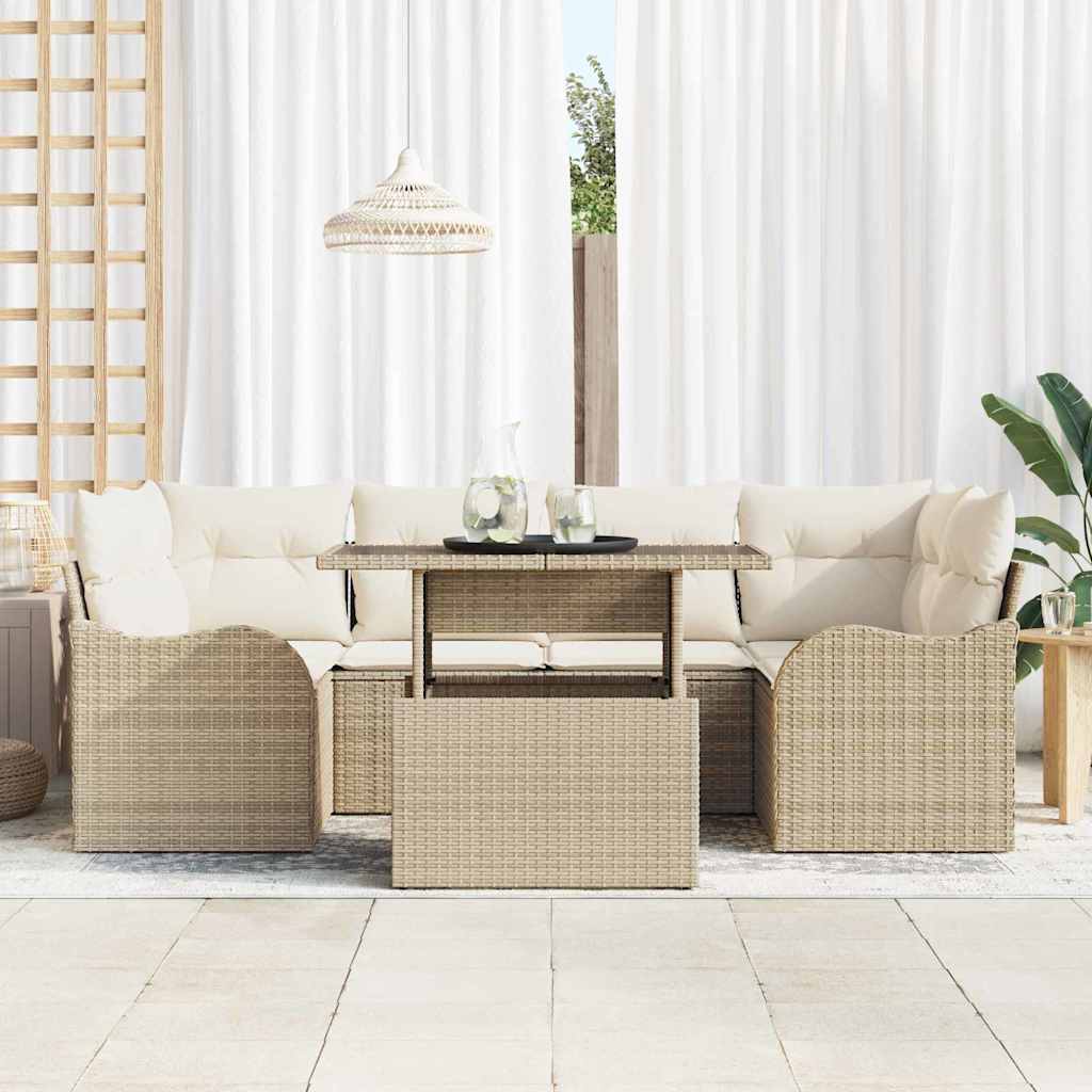 Havesofa Sæt med pude med opbevaring 7 pcs Beige Poly rattan
