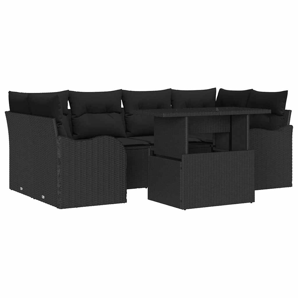 Havesofa Sæt med pude med opbevaring 7 pcs Sort Poly rattan
