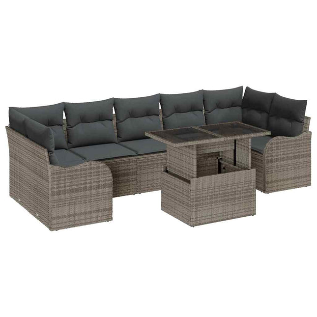 Havesofa Sæt med pude med opbevaring 8 pcs Grå Poly Rattan