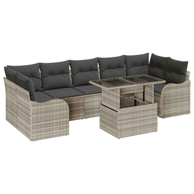 Havesofa Sæt med pude med opbevaring 8 pcs Lysegrå Poly Rattan