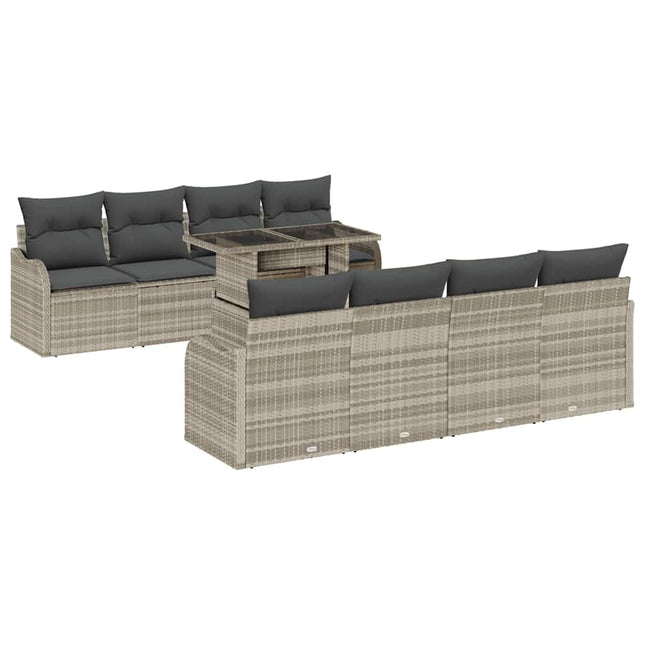 Havesofa Sæt med pude med opbevaring 9 pcs Lysegrå Poly Rattan