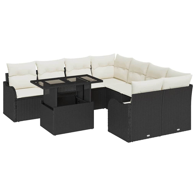 Havesofa Sæt med pude med pude 9 pcs Sort Polyrattan